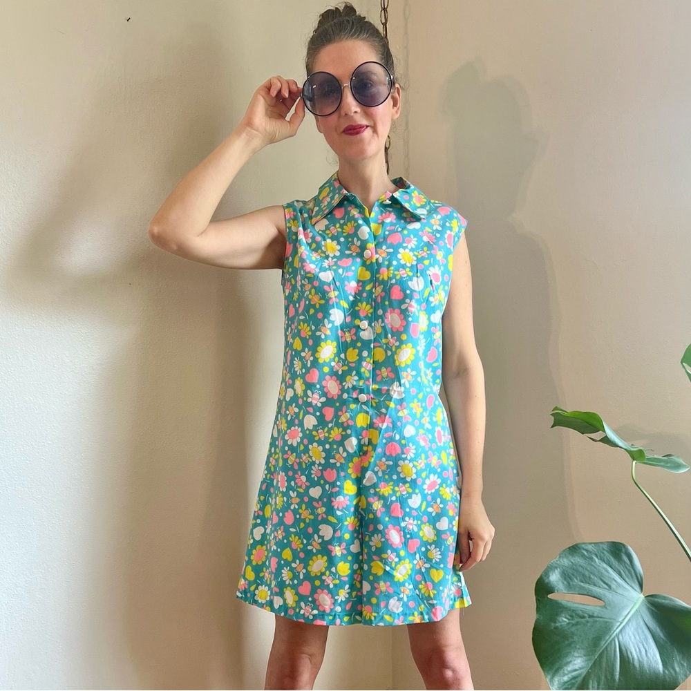 60s Vintage Blue Bee Print Romper - Picture 8 of 9